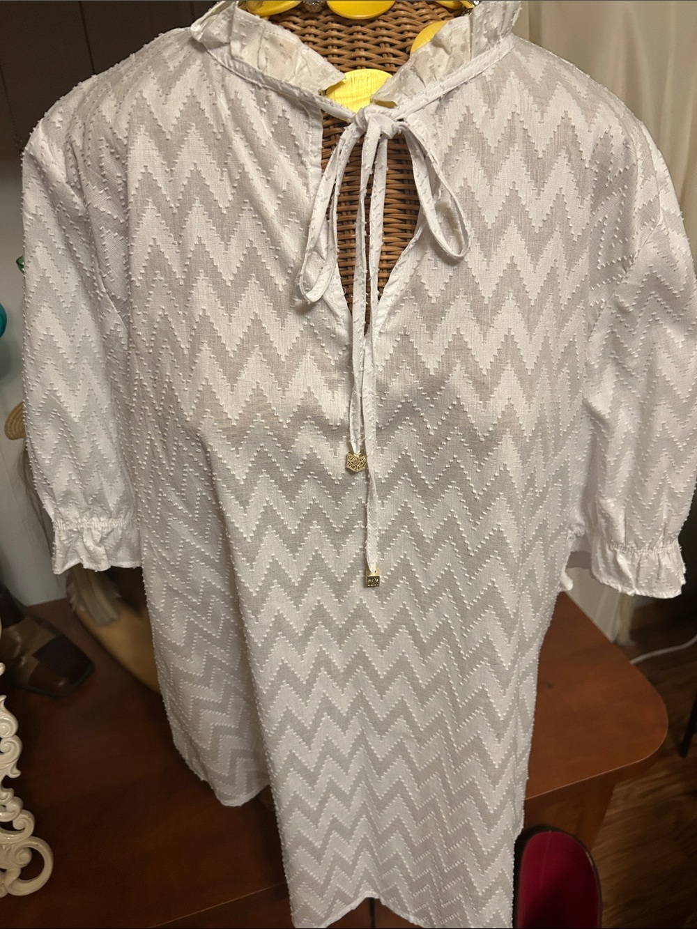 Anne Klein White Chevron Detailed Eyelet Blouse